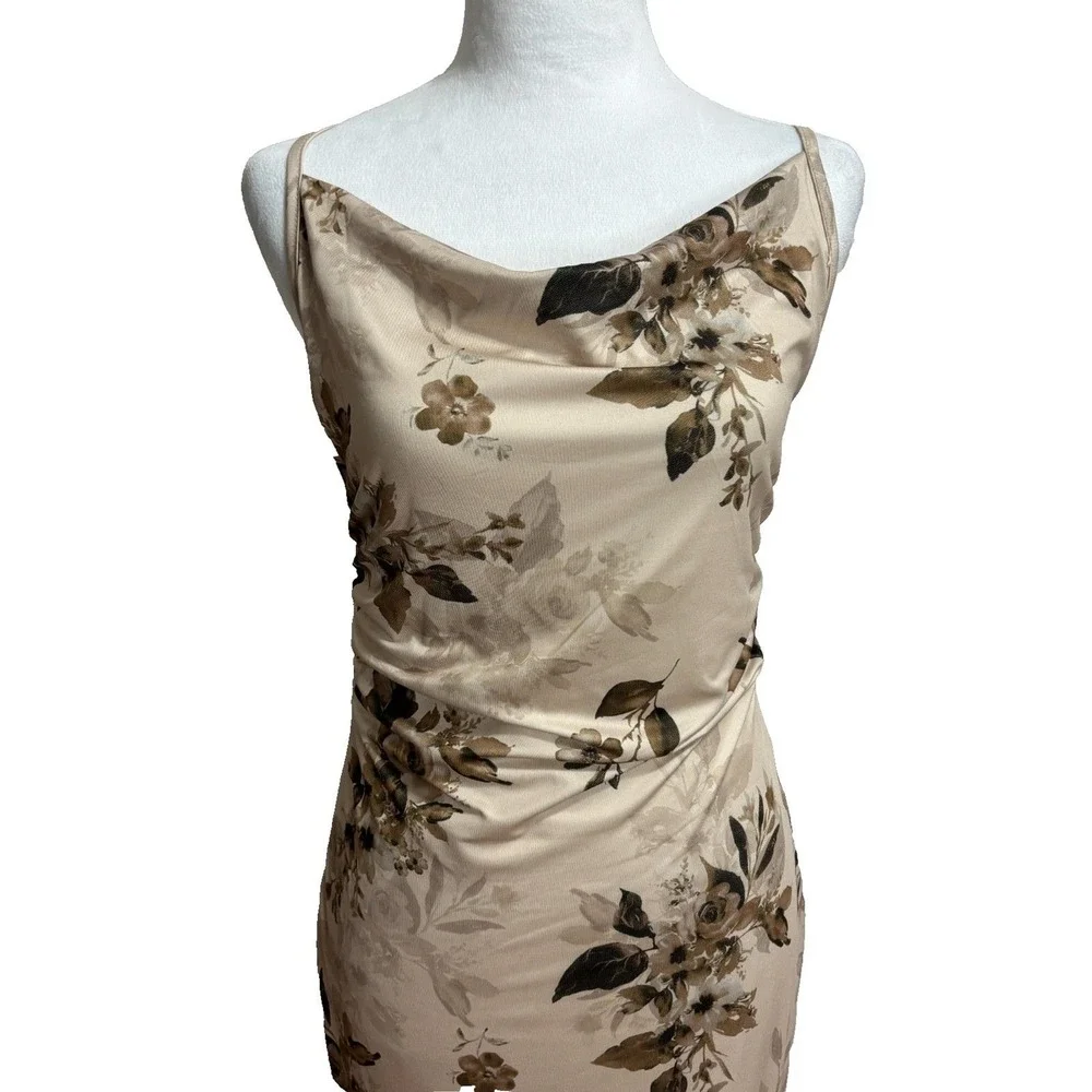 Beige Floral Satin Maxi Long Slip Dress Y2K Vtg-look Evening Glam Romantic Sz 6 - Picture 2 of 8